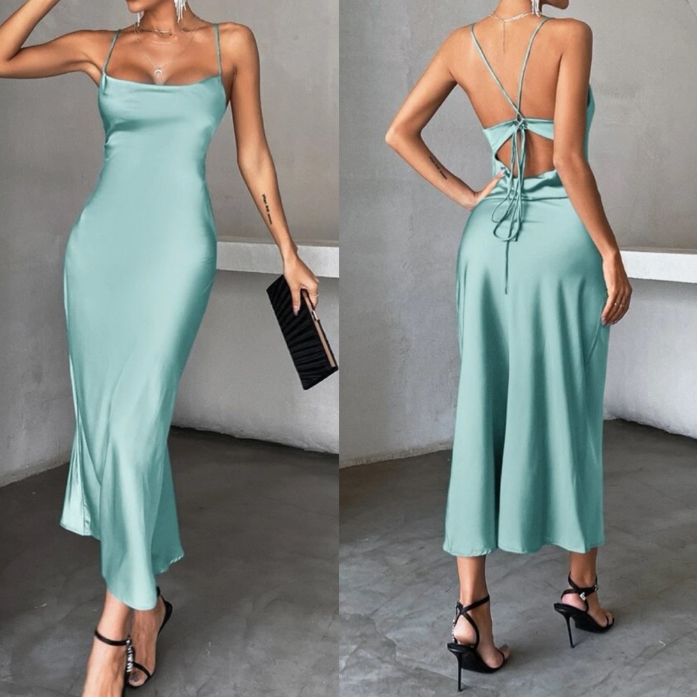 Luxe baby blue ace up open party evening wedding satin dress LAST FEW